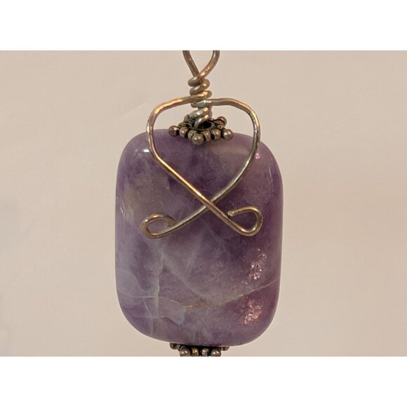 Amethyst Rectangle Bead & Silver Flower Dangle Earrings With Wire Wrap Design - Picture 4 of 5